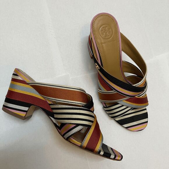 Tory Burch Retro Funky Multicolor Striped Grosgrain Graham Heel Mule Sandals - Picture 3 of 12